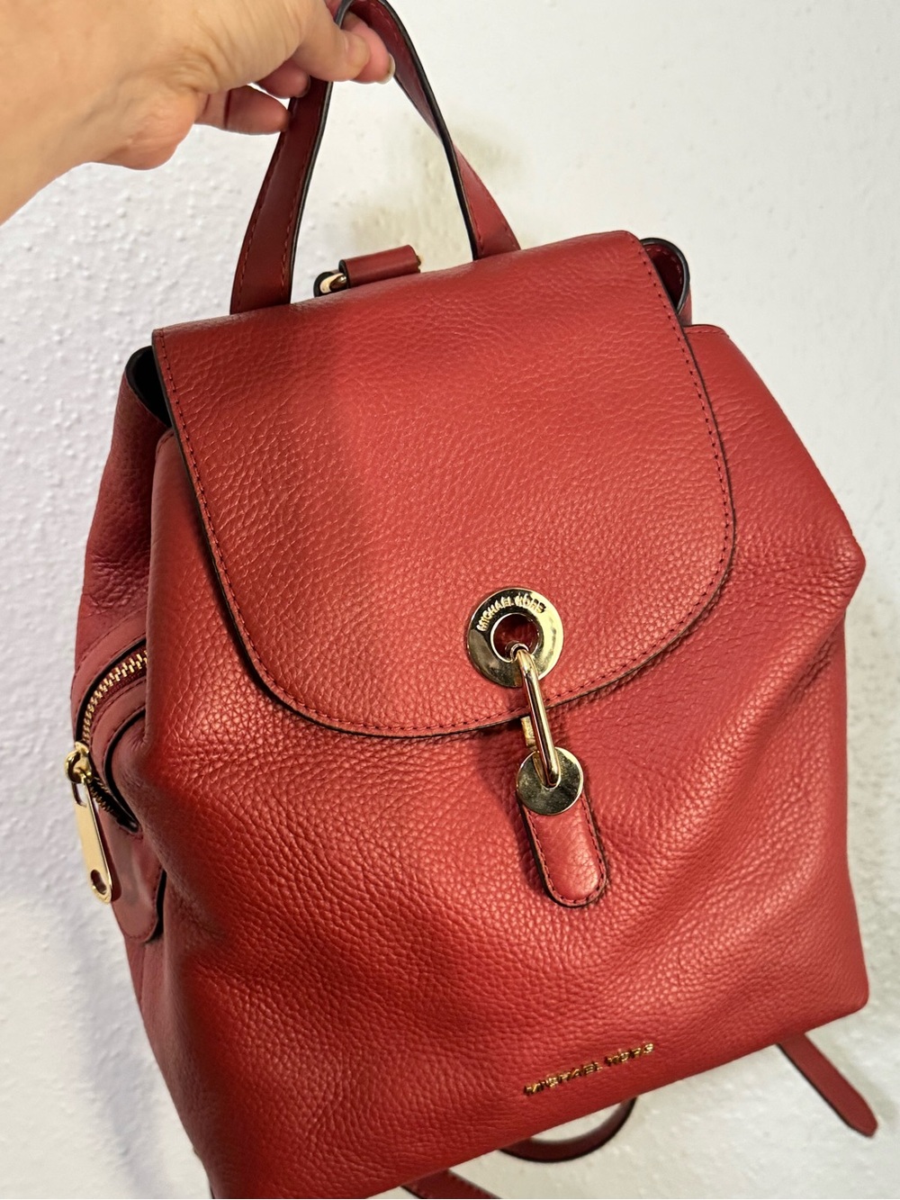 Michael Kors Red/ terracotta Pebbled Leather Backpack with Gold Hardware